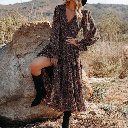 Printed V-neck Casual Loose Long Dress