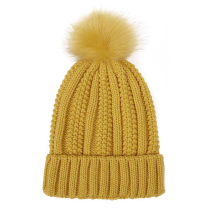 Faux Fur Pom-Pom Beanie Hat | Women's Fleece-Lined Stretchy Knit Winter Skull Cap
