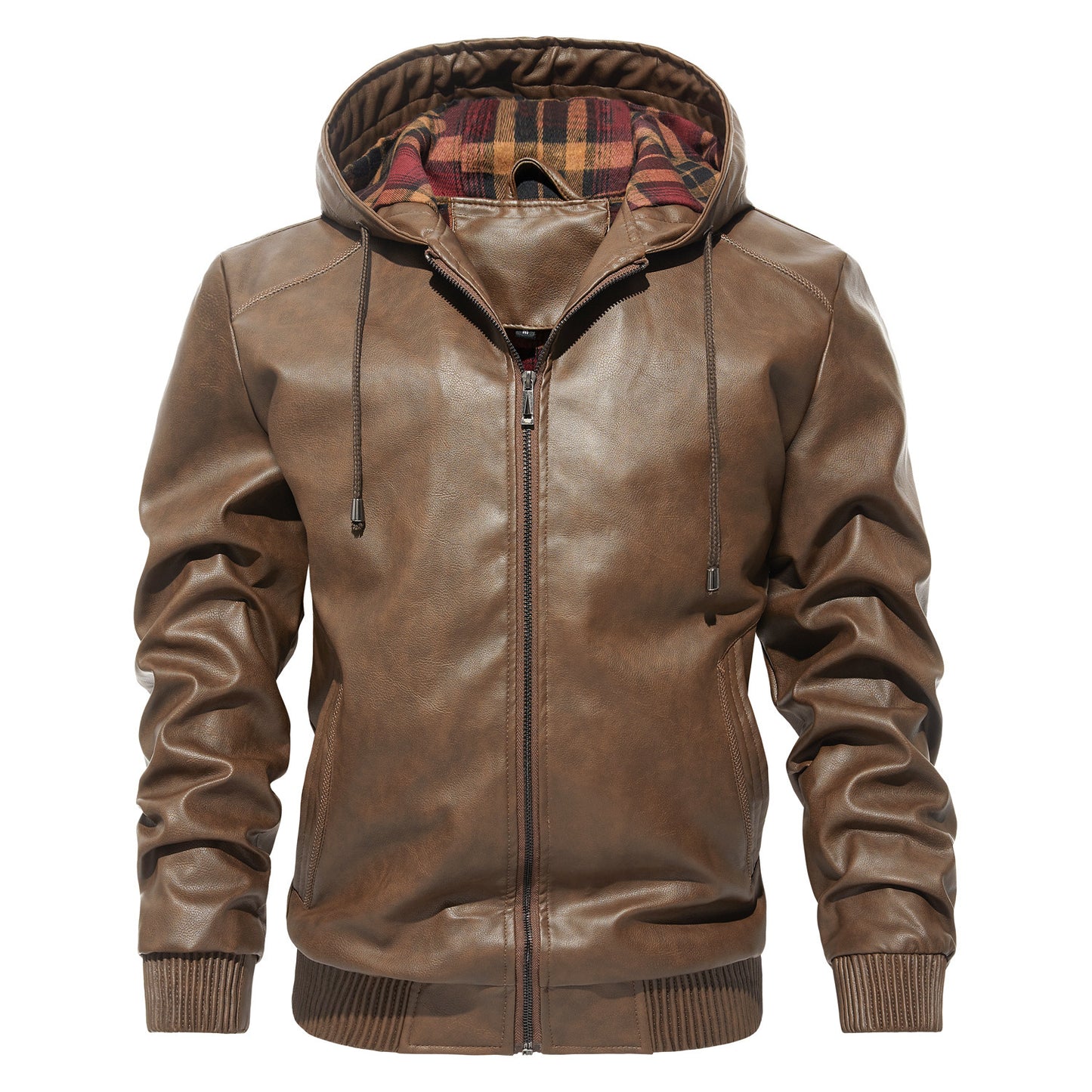 Mens Casual Hooded Leather Coat Trendy All-Match Essential