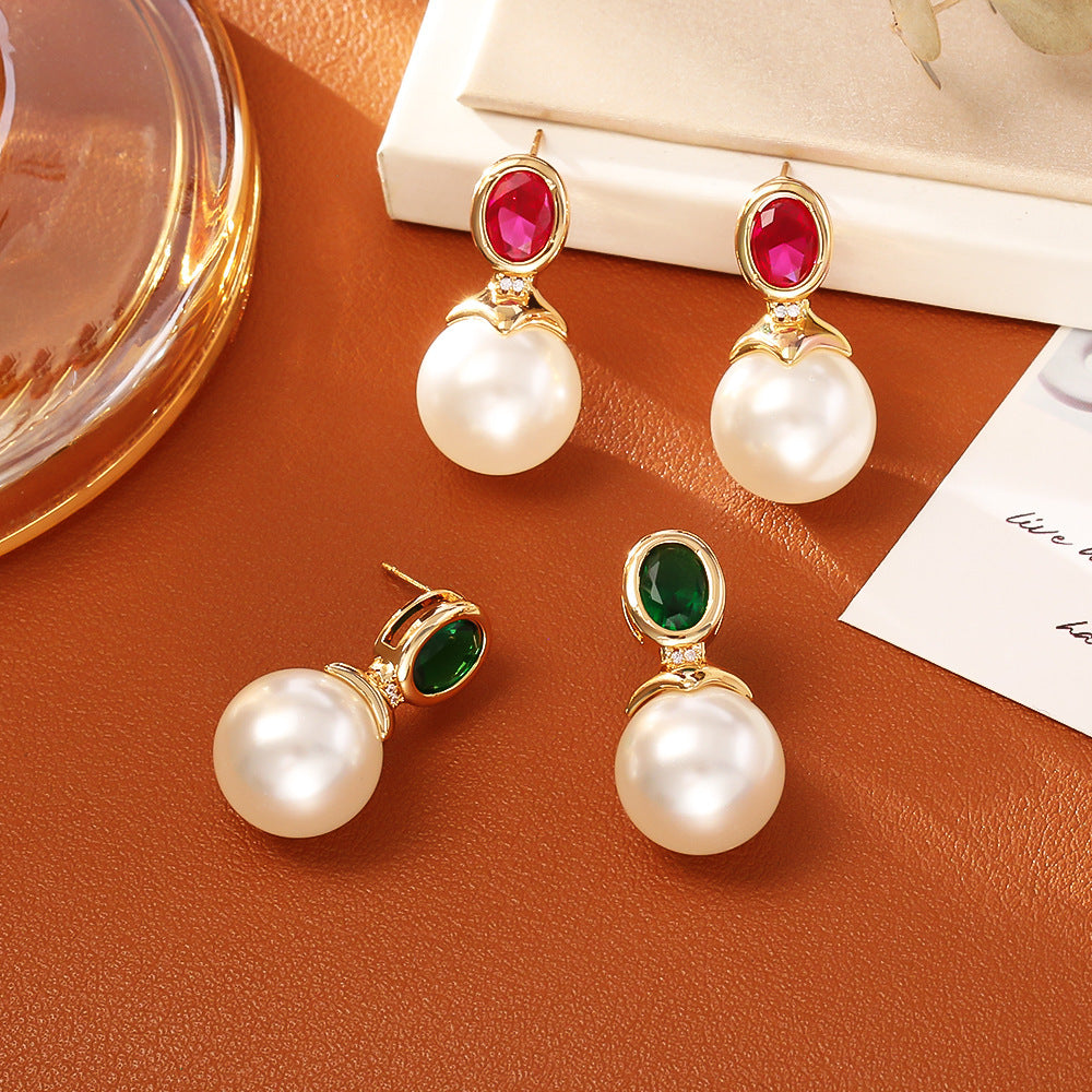 High-grade Ruby Pearl Stud Earrings Fashion Simple
