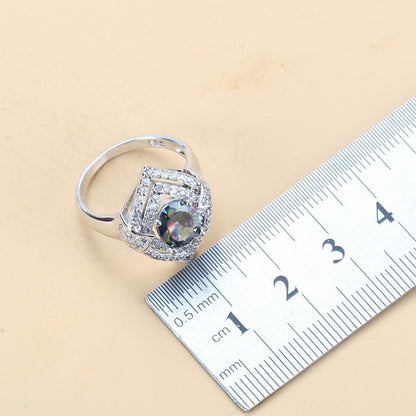 Inlaid Gemstone Pendant Earrings Necklace And Ring For Women 4 PCs Set