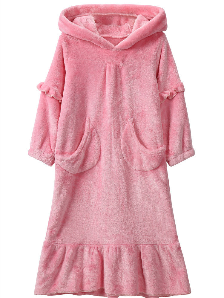 The Moon Pocket: Warm Coral Fleece Hooded Nightdress