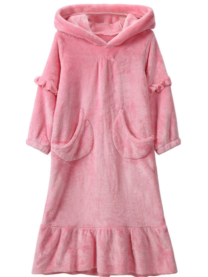 The Moon Pocket: Warm Coral Fleece Hooded Nightdress