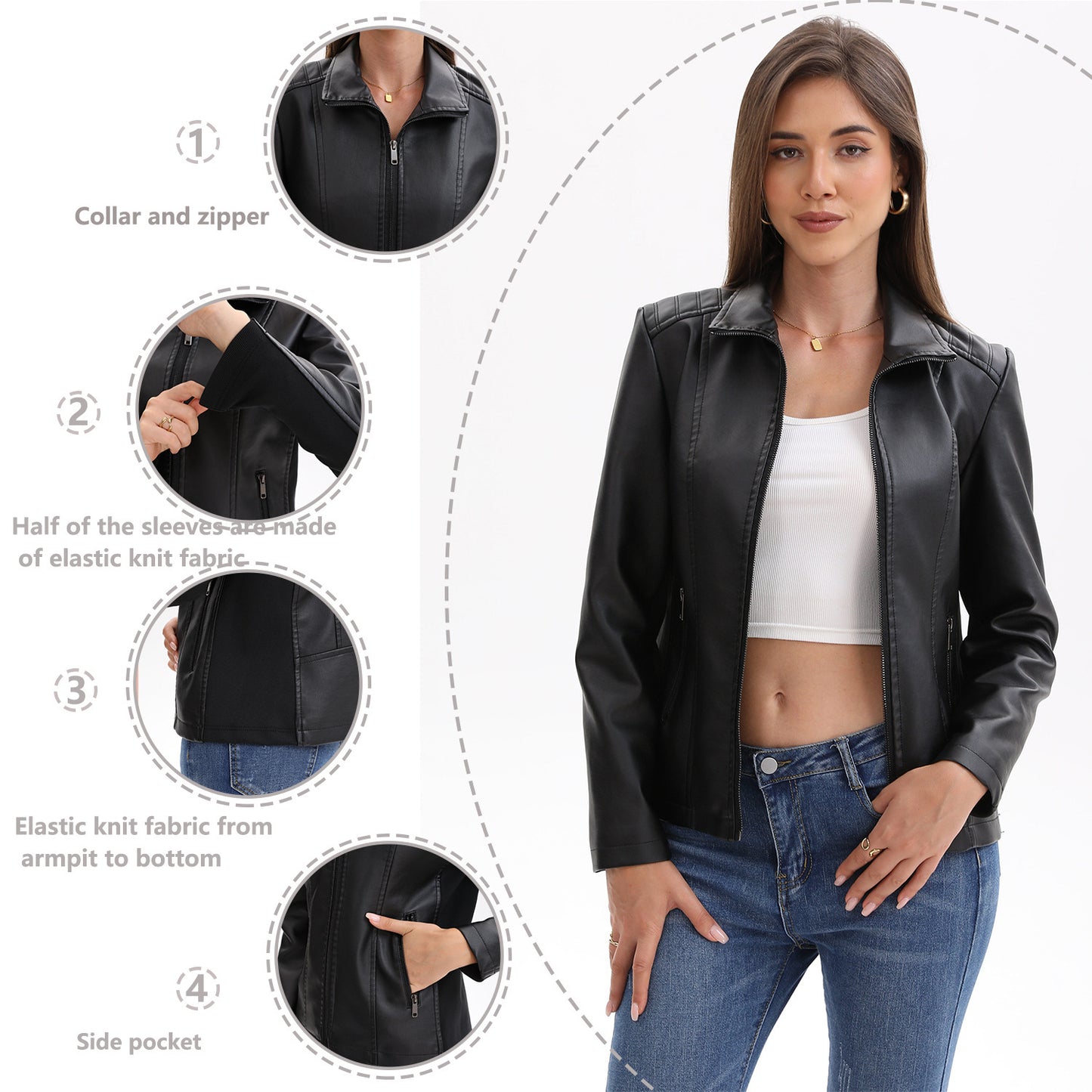 Women's Leather Jacket Knitted Stitching Stretch Coat