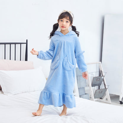 The Moon Pocket: Warm Coral Fleece Hooded Nightdress