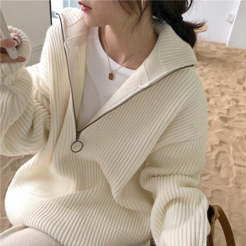 Loose French Style Large Lapel Zipper Sweater For Women