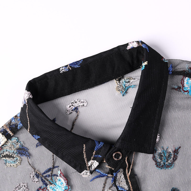 Ice Silk Hollow Breathable Floral Short Sleeve Shirt