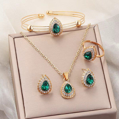 Jewelry Suit Women's Water Drop Gem Series Necklace Earring Ring Bracelet Four-piece Set