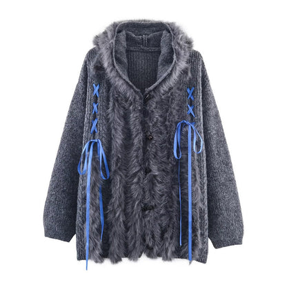 Cool Strap Decorative Hoodie Horn Button Knitted Coat