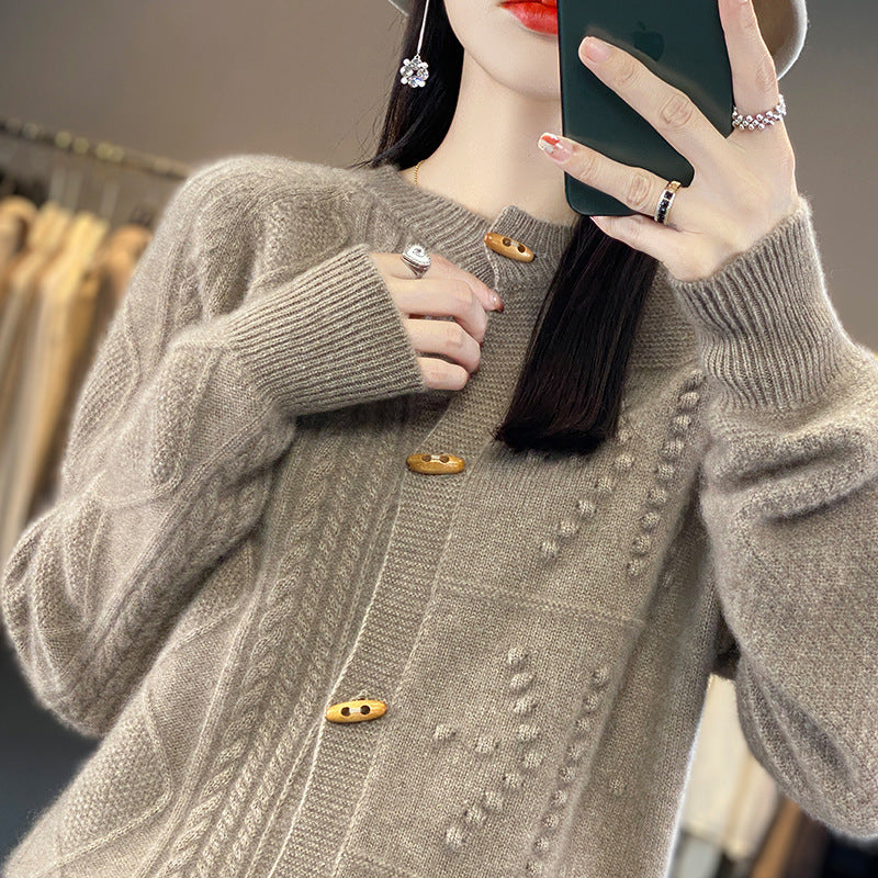 Pure Wool Cardigan Women Loose Crew Neck Coat