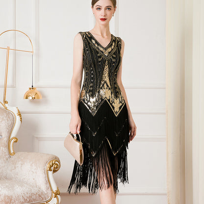 V-neck Sequins Beaded Double-layered Tassel Dress