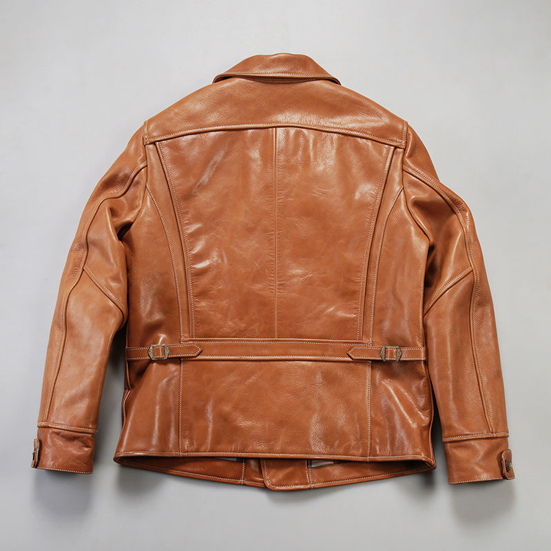 Bear Leather Jacket Mens Lapel Oil Wax Cowhide Coat Rugged Texture