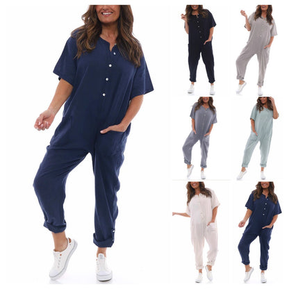 Round Neck Button Mid Waist Pocket Jumpsuit