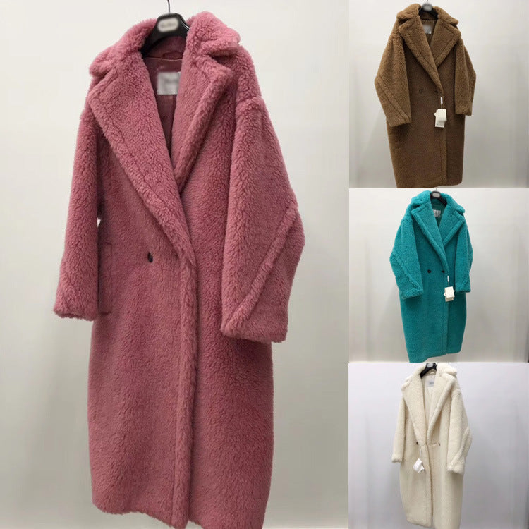 Women's Long Pink Wool Alpaca Fleecefiber Fur Coat