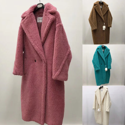 Women's Long Pink Wool Alpaca Fleecefiber Fur Coat