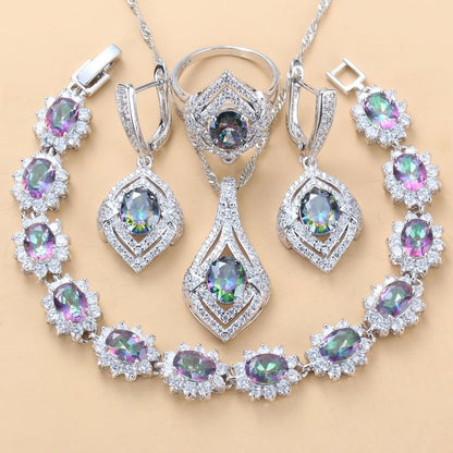 Inlaid Gemstone Pendant Earrings Necklace And Ring For Women 4 PCs Set