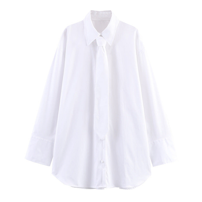Women's Fashion Casual Loose Tie Decorated Poplin Shirt