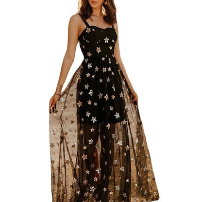 Five-pointed Star Mesh Camisole See-through Temperament Long Dress