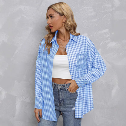 Lapel Plaid Colorblock Loose Casual Shirt