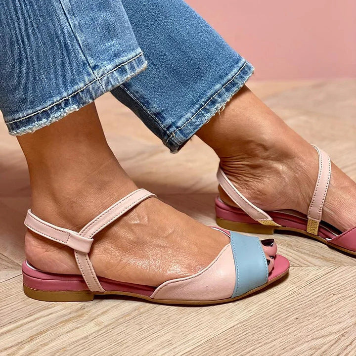 Color Block Open Toe Low Heel Buckle Preppy Style Sandals