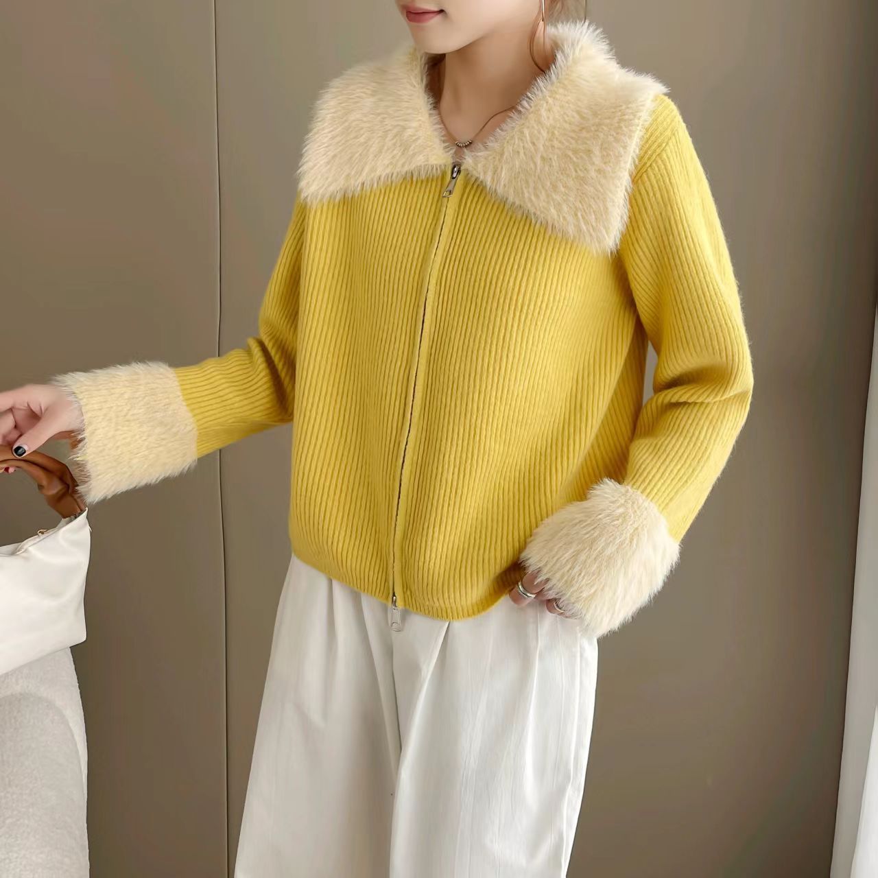 Korean Style Double Zipper Lapel Patchwork Cuff Sweater