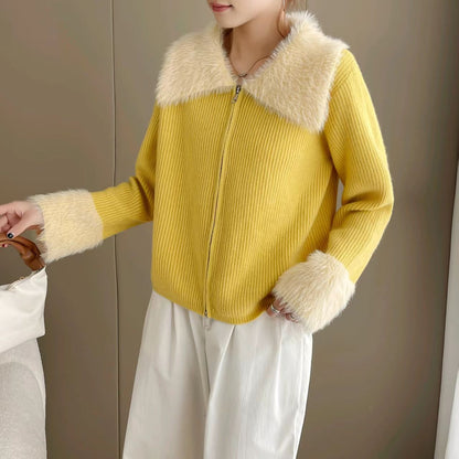 Korean Style Double Zipper Lapel Patchwork Cuff Sweater