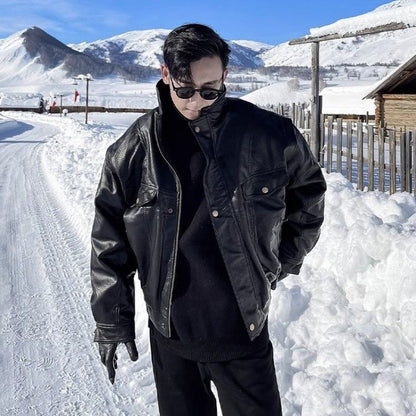 Jacket Leather Coat Autumn Winter Mens Trendy Handsome Fleece Thickened Pilot Motorcycle Plus Size Rugged Adventure