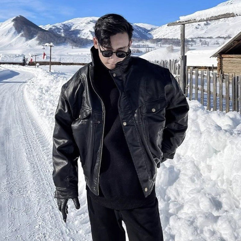 Jacket Leather Coat Autumn Winter Mens Trendy Handsome Fleece Thickened Pilot Motorcycle Plus Size Rugged Adventure