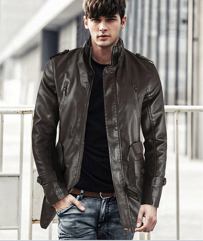 Mens Mid-Length Leather Coat Stand Collar Fleece-Lined Thickened Extended Warmth