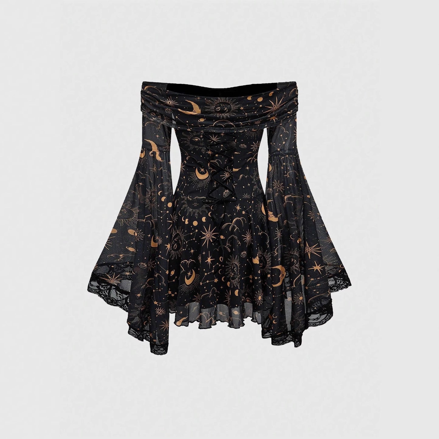 Off-the-shoulder Short Sleeve Flared Sleeves Mesh A- Line Dress