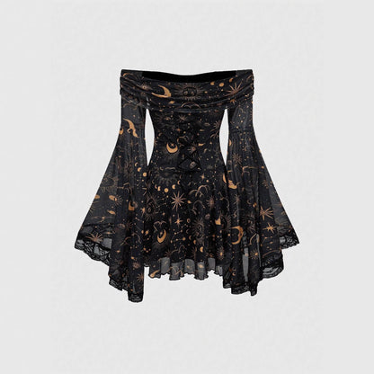 Off-the-shoulder Short Sleeve Flared Sleeves Mesh A- Line Dress