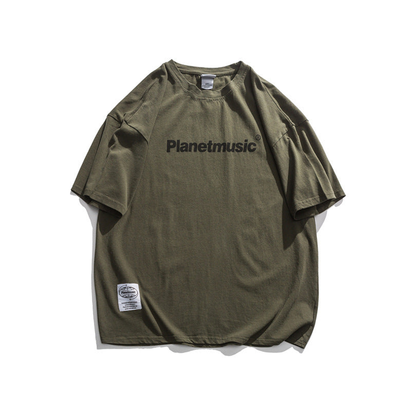 Japanese Retro Dropped Shoulder Letter Print T Shirt Men