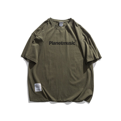 Japanese Retro Dropped Shoulder Letter Print T Shirt Men