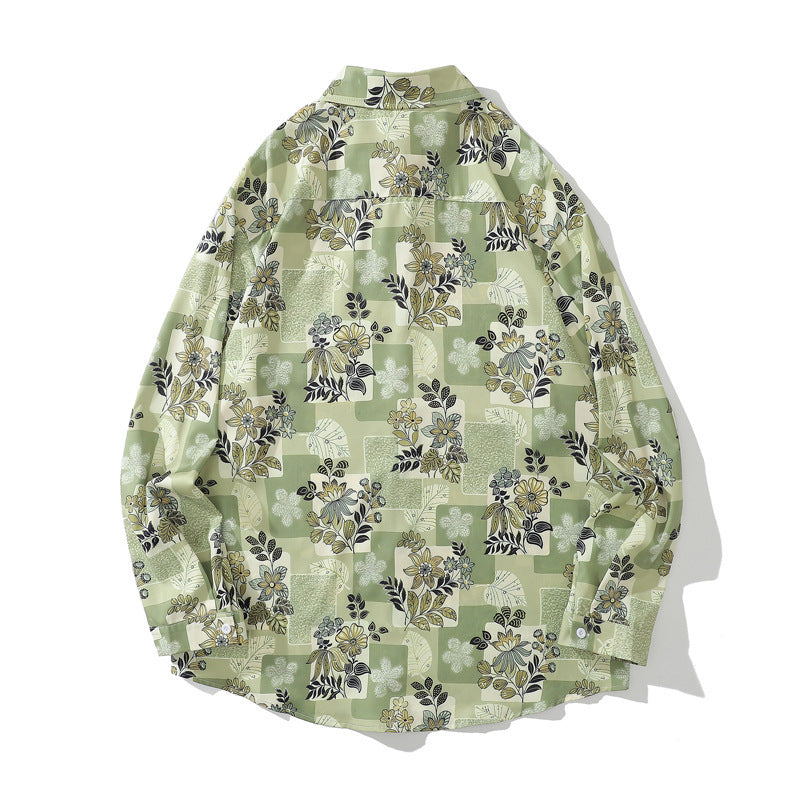 Japanese Retro Floral Full Print Long Sleeve Shirt For Men