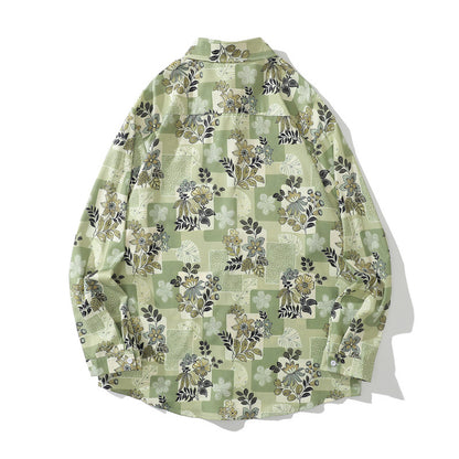 Japanese Retro Floral Full Print Long Sleeve Shirt For Men
