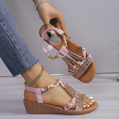 Plus Size Bohemian Elastic Strap Rhinestone Sandals For Women