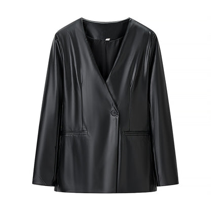 Women's Long-sleeved V-neck Leather Jacket