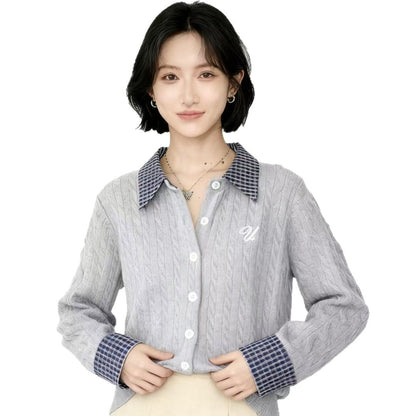 Plaid Stitching Lapel Long Sleeve Twist Knitted Sweater