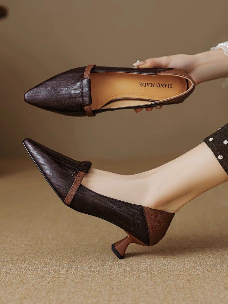 Women's Black Chunky Heel Shoes Low-cut Leather Shoes