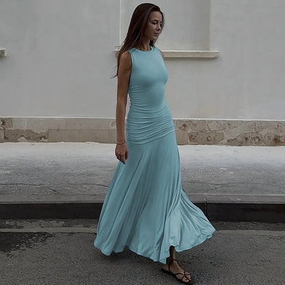 Fashionable Elegant Slim-fit Pleated Round Neck Sleeveless Solid Color Dress