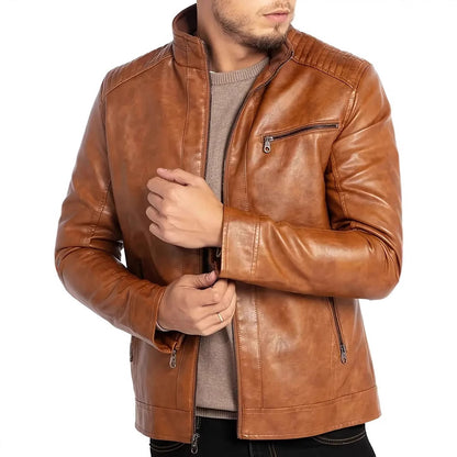 Mens Polyester Stand Collar Punk Motorcycle Leather Jacket Industrial Rebellion