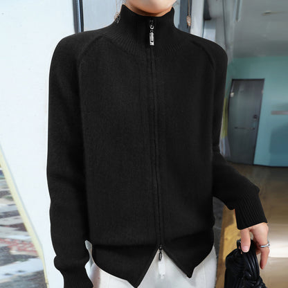 Seven-pin Thickened Double Zipper Half Turtleneck Knitted Cardigan Coat Sweater