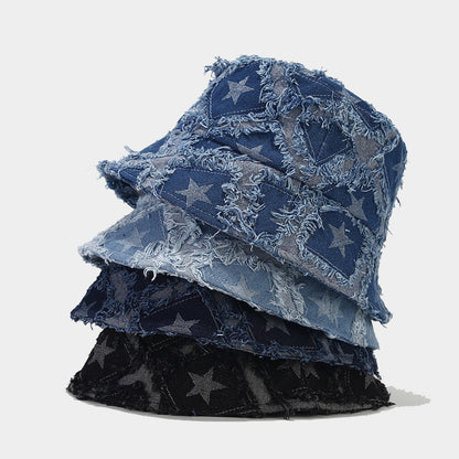 Autumn New Five-pointed Star Raw Edge Denim Bucket Hat