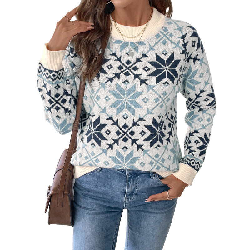 Retro Nordic Style Long Sleeve Round Neck Snowflake Geometric Pattern Sweater
