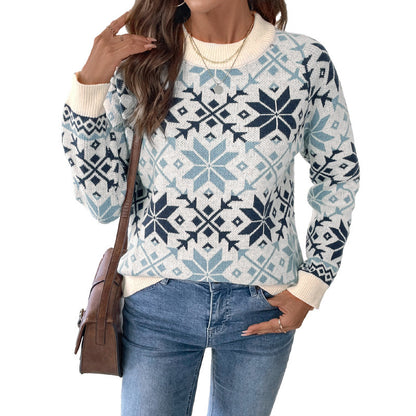 Retro Nordic Style Long Sleeve Round Neck Snowflake Geometric Pattern Sweater