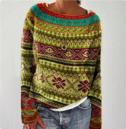 Women's Fashion Round Neck Multicolor Loose Leisure Pullover Knitwear Sweater