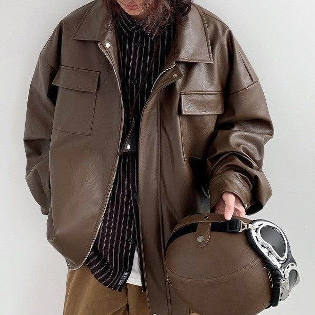 Spring Autumn Leisure Japanese Loose Leather Jacket Effortless Zen