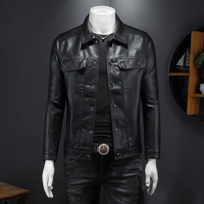 Mens Long-Sleeved Lapel Motorcycle PU Handsome Leather Coat Refined Rider
