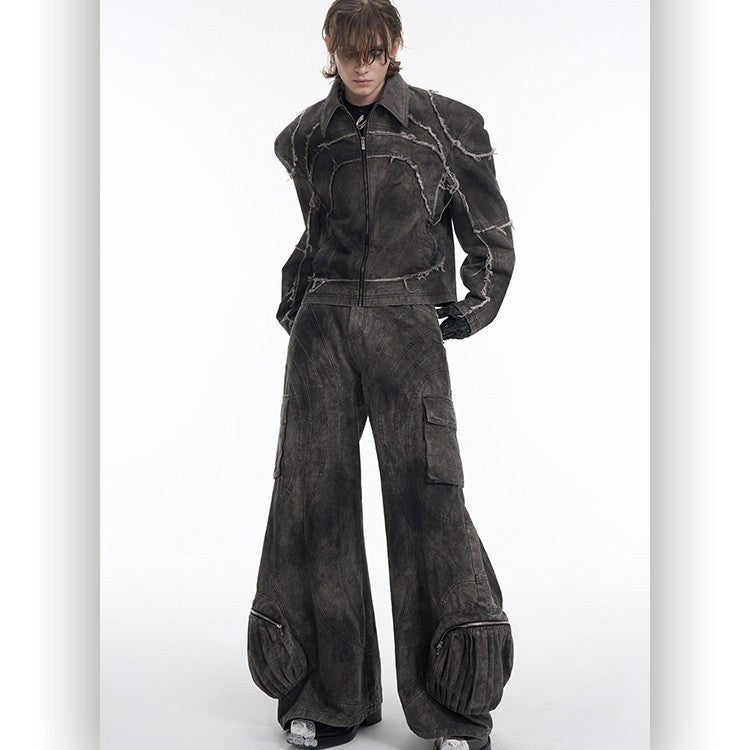 Short Gray Padded Shoulder Denim Coat Sculpted Neutral Edge