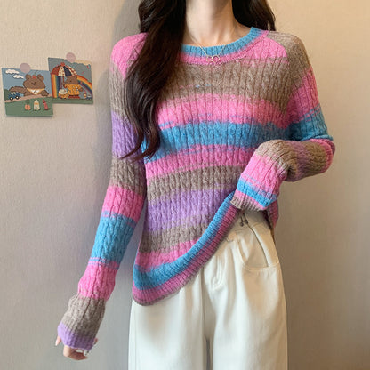 Striped Round Neck Pullover Sweater For Women